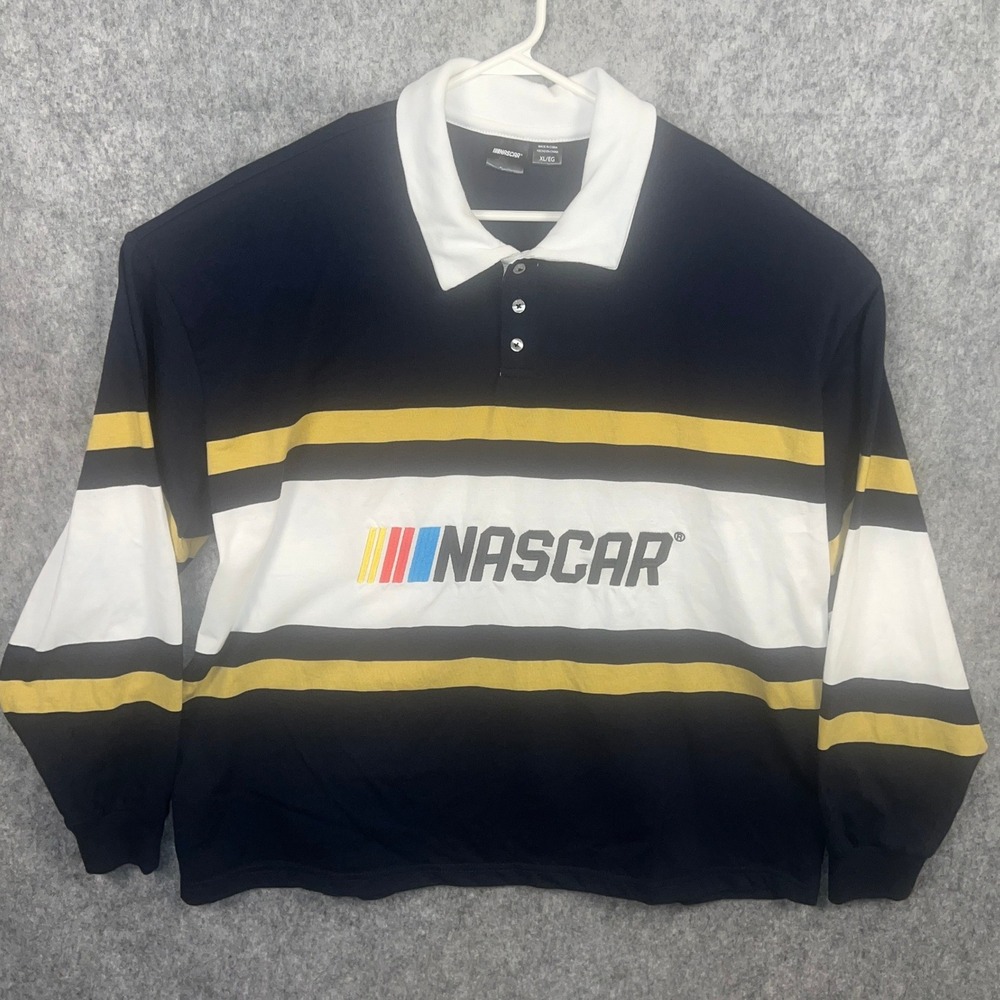 NASCAR Men's Navy Blue Yellow Striped Long Sleeve Rugby Shirt White Collar